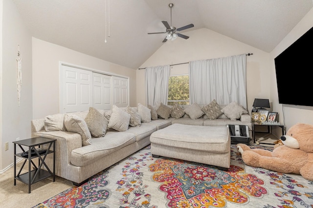 7013 Caldwell Ln, Plano, TX 75025 - living area featuring ceiling fan, high vaulted ceiling, and carpet flooring
