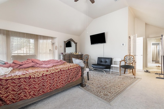 7013 Caldwell Ln, Plano, TX 75025 - bedroom with carpet flooring, high vaulted ceiling, and a ceiling fan