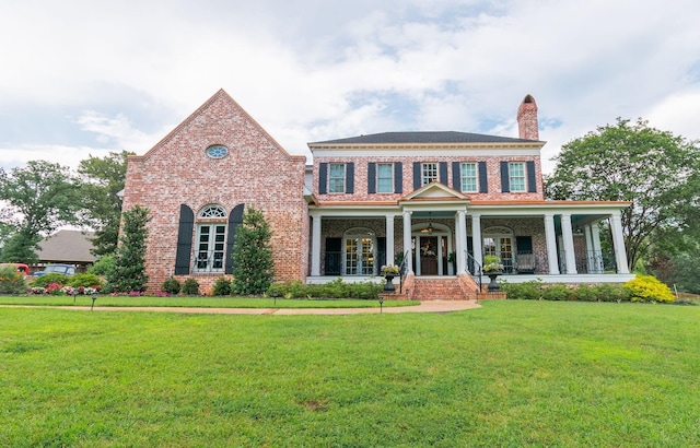 colonial-style house with brick siding, a front lawn, and a chimney