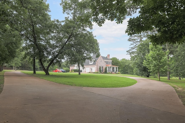 view of property's community with curved driveway and a lawn