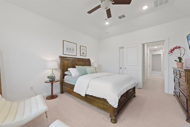 13037 Cabana Dr, Frisco, TX 75035 - bedroom featuring light colored carpet, baseboards, attic access, recessed lighting, and a ceiling fan