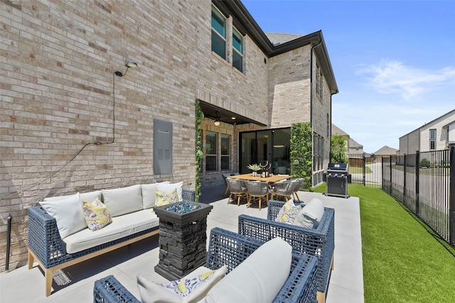 13037 Cabana Dr, Frisco, TX 75035 - view of patio / terrace featuring an outdoor hangout area, a grill, a fenced backyard, outdoor dining space, and a ceiling fan