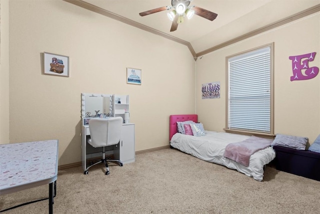 6725 S Fork Dr, North Richland Hills, TX 76182 - bedroom with crown molding, lofted ceiling, carpet, a desk, and baseboards