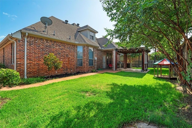 6725 S Fork Dr, North Richland Hills, TX 76182 - rear view of property with a pergola, brick siding, a patio area, and a shingled roof