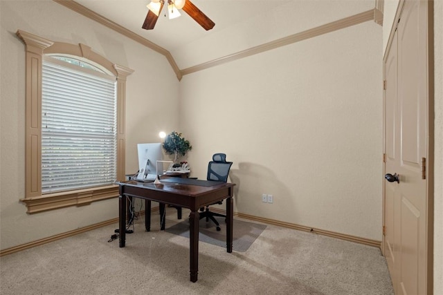 6725 S Fork Dr, North Richland Hills, TX 76182 - office area with crown molding, vaulted ceiling, a ceiling fan, carpet, and healthy amount of natural light