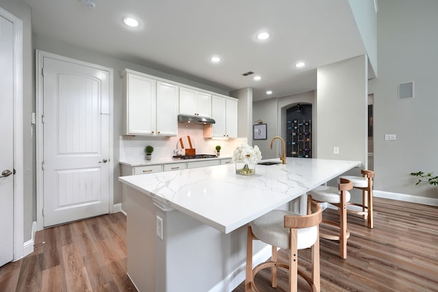 4533 Cheetah Trl, Frisco, TX 75034 - kitchen featuring a sink, under cabinet range hood, light wood-style flooring, a kitchen bar, and white cabinetry