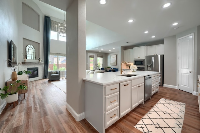 4533 Cheetah Trl, Frisco, TX 75034 - kitchen featuring a sink, open floor plan, appliances with stainless steel finishes, a glass covered fireplace, and baseboards