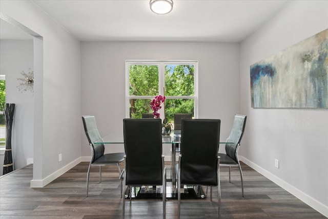 dining space featuring baseboards and wood finished floors