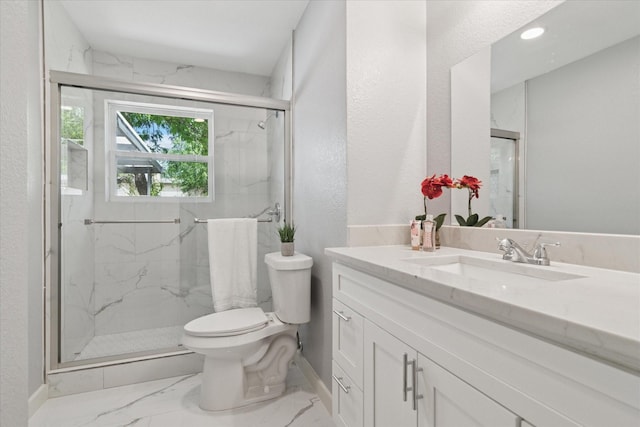 full bath featuring marble look tile flooring, a marble finish shower, toilet, vanity, and a textured wall