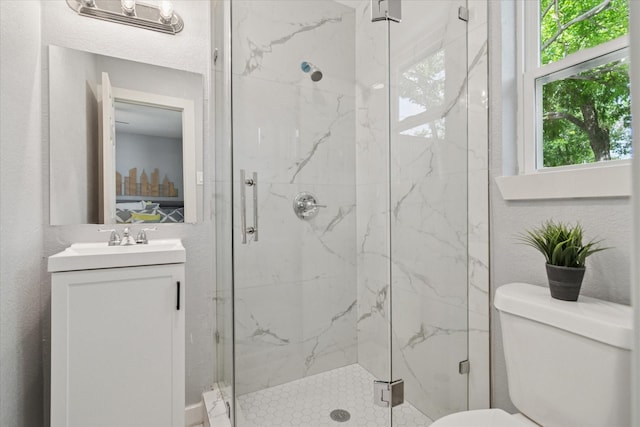 full bath featuring plenty of natural light, toilet, a marble finish shower, and vanity