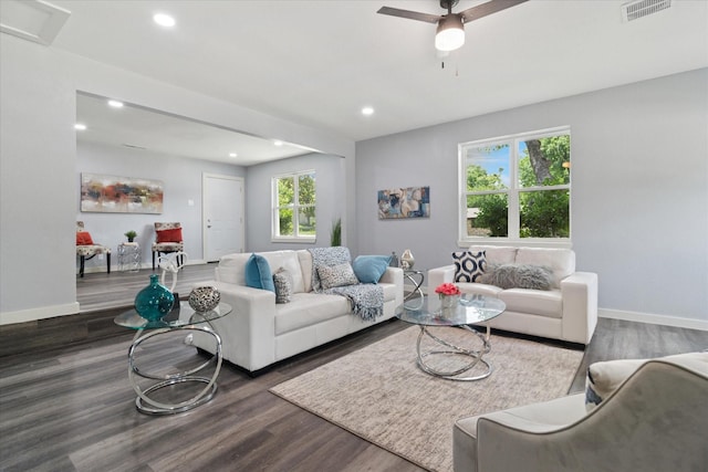 living room with wood finished floors, ceiling fan, recessed lighting, and baseboards