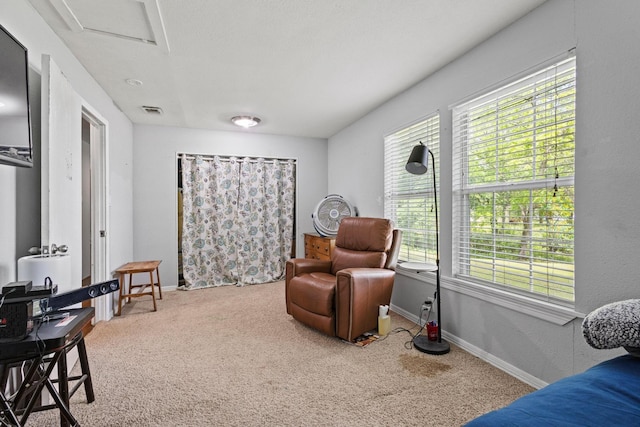 1801 Beavers Pt, Bonham, TX 75418 - living area featuring carpet floors, baseboards, and attic access