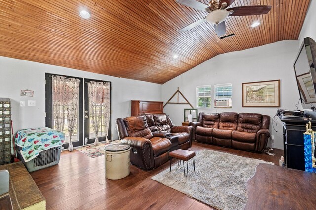 1801 Beavers Pt, Bonham, TX 75418 - living area with vaulted ceiling, ceiling fan, wooden ceiling, wood finished floors, and french doors
