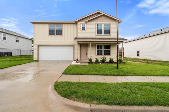 111 Peace Lily Way, Tolar, TX 76476 - view of front of home with an attached garage, driveway, central air condition unit, board and batten siding, and a porch