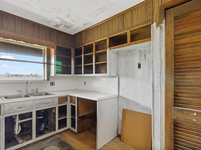110 Twin Cir, Wortham, TX 76693 - kitchen with a sink, open shelves, light wood finished floors, wood walls, and light countertops