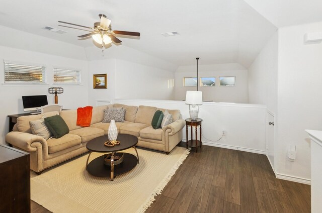 901 Violet Way, Celina, TX 75009 - living room with wood finished floors, a ceiling fan, vaulted ceiling, and baseboards