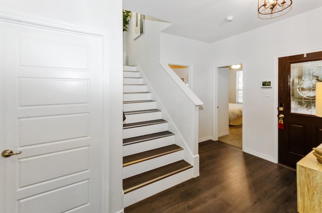 901 Violet Way, Celina, TX 75009 - entryway with stairway, dark wood-style flooring, and a chandelier