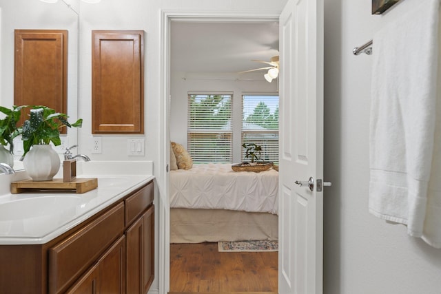 7735 Whirlwind Dr, Frisco, TX 75036 - full bathroom featuring wood finished floors, a ceiling fan, double vanity, and connected bathroom