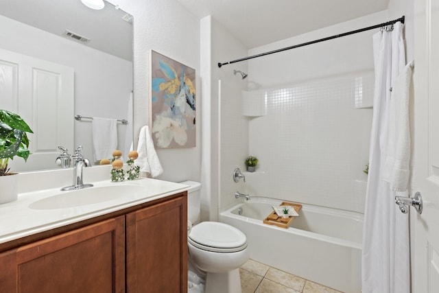 7735 Whirlwind Dr, Frisco, TX 75036 - full bathroom with toilet, shower / bath combo with shower curtain, vanity, and tile patterned flooring
