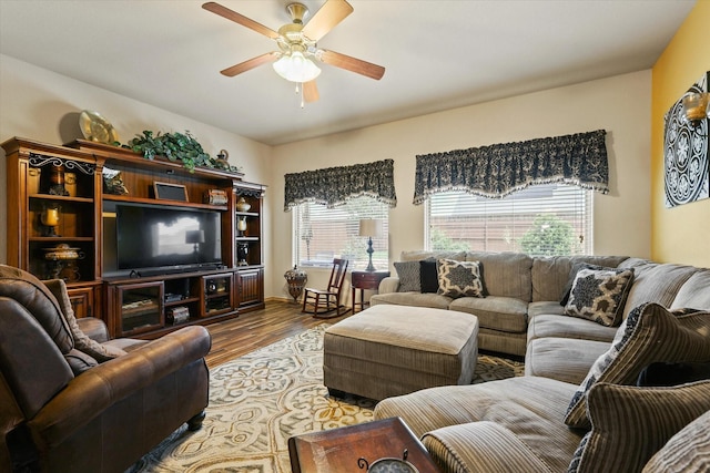 5139 Crystal Lake Ave, Krum, TX 76249 - living area with ceiling fan and wood finished floors