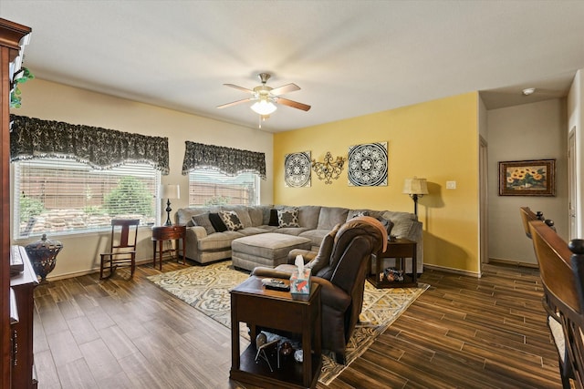 5139 Crystal Lake Ave, Krum, TX 76249 - living area featuring a ceiling fan, dark wood-style flooring, and baseboards