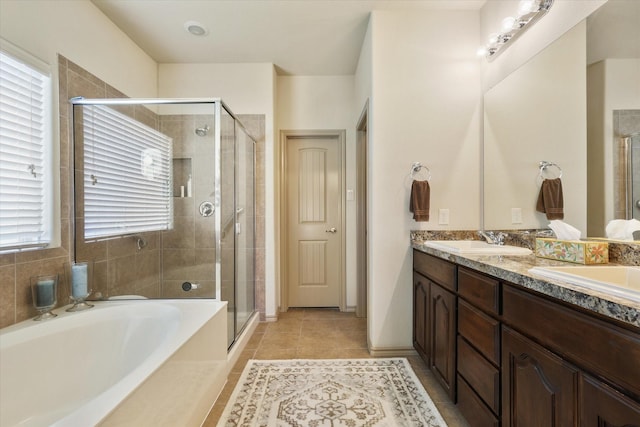5139 Crystal Lake Ave, Krum, TX 76249 - full bath with double vanity, a bath, a stall shower, and tile patterned floors