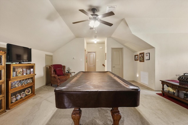 5139 Crystal Lake Ave, Krum, TX 76249 - recreation room featuring light colored carpet, a ceiling fan, billiards table, and vaulted ceiling
