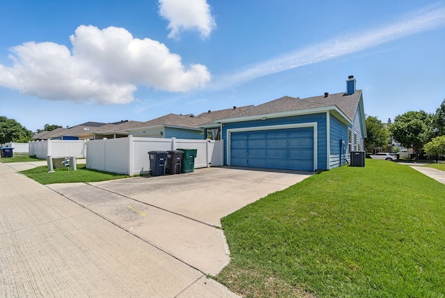10957 Colonial Heights Ln, Fort Worth, TX 76179 - view of property exterior featuring concrete driveway, a garage, central AC, and a chimney