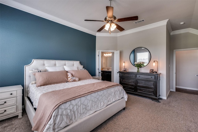 13400 Summer Moon Trl, Ponder, TX 76259 - bedroom featuring carpet flooring, ornamental molding, ensuite bathroom, ceiling fan, and baseboards