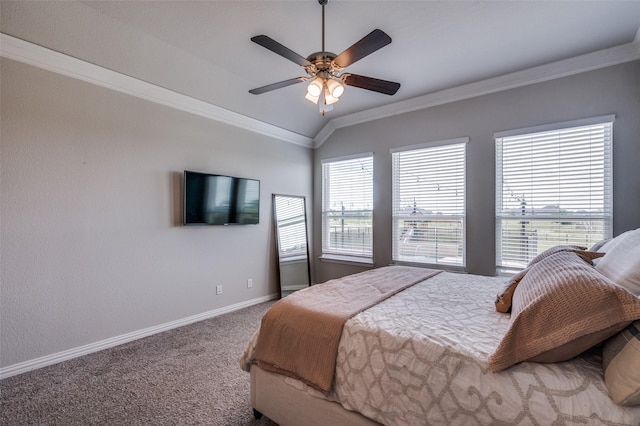 13400 Summer Moon Trl, Ponder, TX 76259 - carpeted bedroom featuring baseboards, lofted ceiling, crown molding, and a ceiling fan