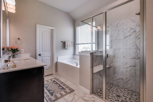 13400 Summer Moon Trl, Ponder, TX 76259 - full bathroom featuring marble look tile flooring, a garden tub, a shower stall, double vanity, and lofted ceiling