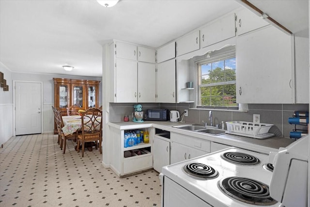 116 S Barron St, Arp, TX 75750 - kitchen with a sink, white electric range, black microwave, white cabinetry, and light countertops