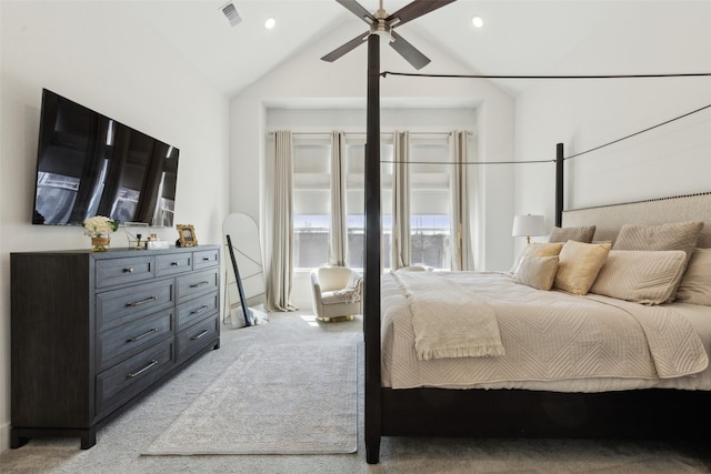 3411 Torrance Blvd, Frisco, TX 75034 - bedroom with light colored carpet, lofted ceiling, recessed lighting, and a ceiling fan