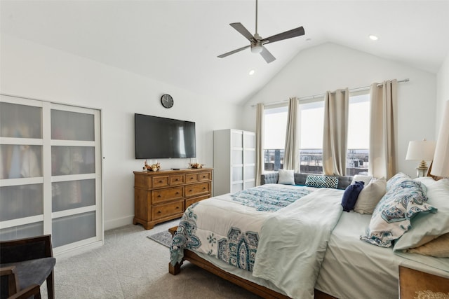 3411 Torrance Blvd, Frisco, TX 75034 - bedroom with carpet flooring, ceiling fan, recessed lighting, baseboards, and high vaulted ceiling