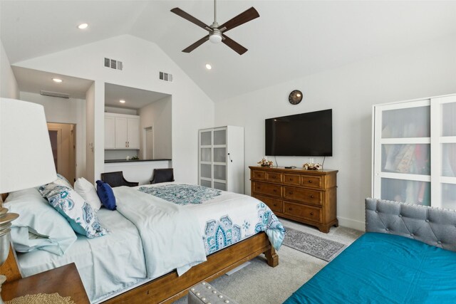 3411 Torrance Blvd, Frisco, TX 75034 - bedroom with light carpet, ceiling fan, recessed lighting, high vaulted ceiling, and baseboards