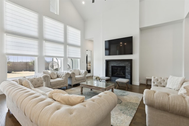 3411 Torrance Blvd, Frisco, TX 75034 - living area featuring high vaulted ceiling, a glass covered fireplace, and dark wood-type flooring