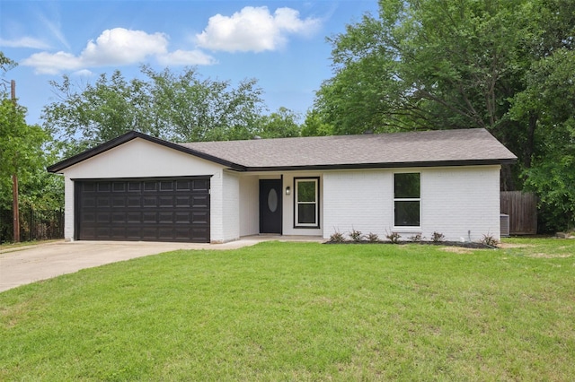 single story home featuring an attached garage, brick siding, concrete driveway, and roof with shingles