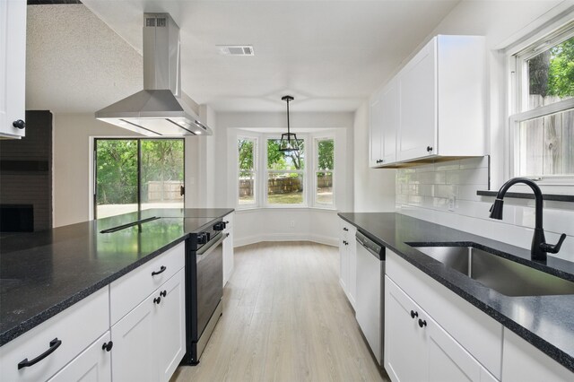 kitchen featuring a sink, range hood, stainless steel dishwasher, white cabinets, and backsplash