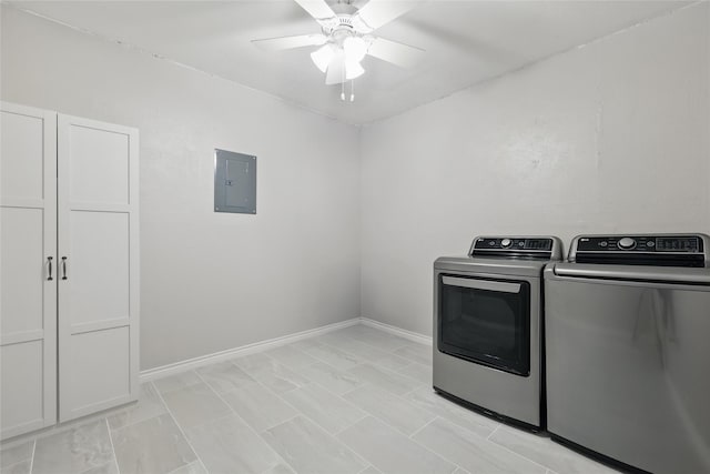 2433 Loyce Dr, Mesquite, TX 75149 - laundry area with independent washer and dryer, electric panel, ceiling fan, and baseboards