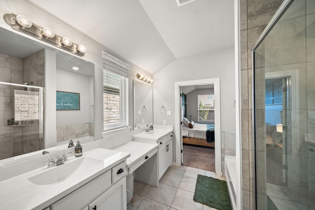 1917 Campground Way, Aubrey, TX 76227 - full bathroom with a shower stall, tile patterned flooring, vanity, connected bathroom, and vaulted ceiling