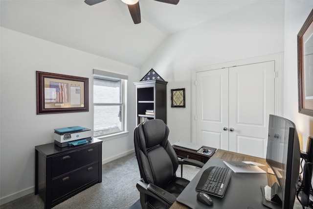 424 Somerville Dr, Mckinney, TX 75071 - office space with ceiling fan, vaulted ceiling, carpet flooring, and baseboards