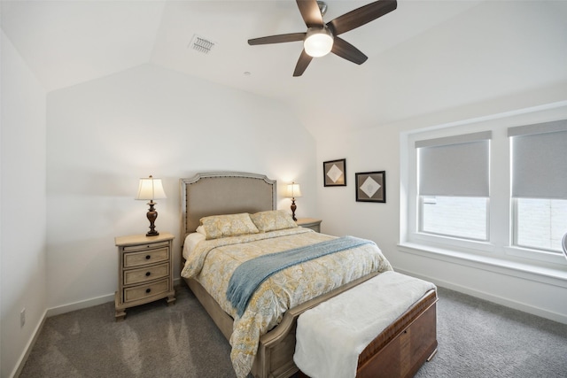 424 Somerville Dr, Mckinney, TX 75071 - bedroom with dark colored carpet, vaulted ceiling, baseboards, and ceiling fan