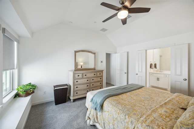 424 Somerville Dr, Mckinney, TX 75071 - bedroom with vaulted ceiling, light colored carpet, ensuite bath, baseboards, and a ceiling fan