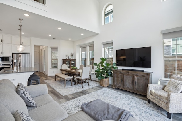 424 Somerville Dr, Mckinney, TX 75071 - living area with plenty of natural light, light wood-type flooring, a towering ceiling, recessed lighting, and baseboards
