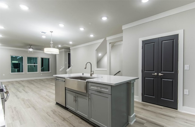 3325 Norris St, Plano, TX 75074 - kitchen with dishwasher, gray cabinetry, ornamental molding, a sink, and open floor plan