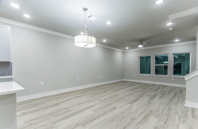 3325 Norris St, Plano, TX 75074 - unfurnished room with crown molding, light wood finished floors, ceiling fan, recessed lighting, and baseboards
