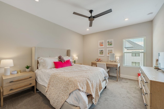238 Estates Cir, College Station, TX 77840 - bedroom with light carpet, baseboards, recessed lighting, and ceiling fan