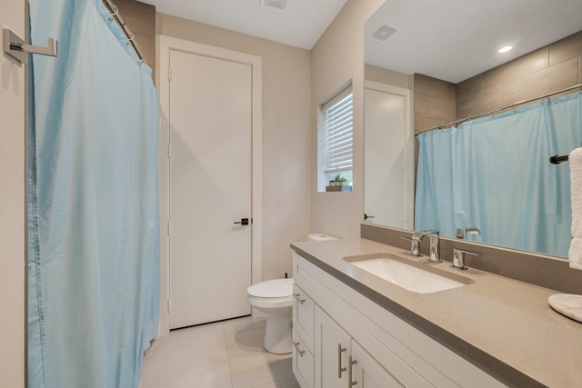 238 Estates Cir, College Station, TX 77840 - bathroom with toilet, vanity, tile patterned floors, a shower with shower curtain, and recessed lighting