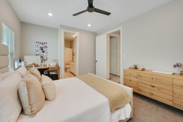 238 Estates Cir, College Station, TX 77840 - bedroom featuring recessed lighting, light colored carpet, connected bathroom, and ceiling fan