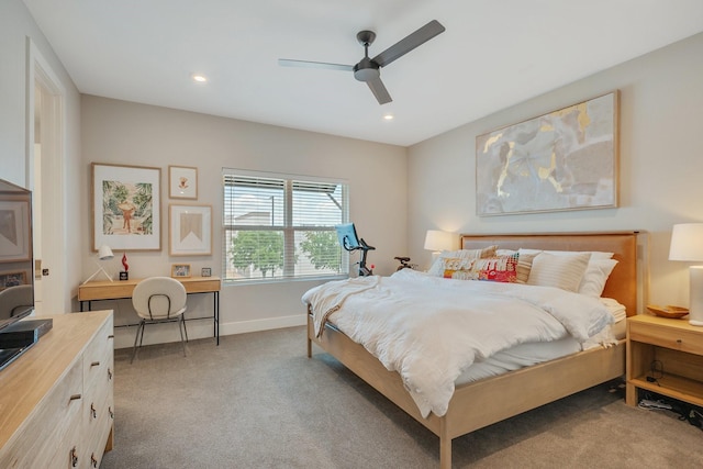 238 Estates Cir, College Station, TX 77840 - bedroom featuring light carpet, recessed lighting, a ceiling fan, baseboards, and a desk
